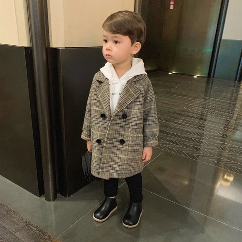 Jongen Meisjes Wollen Jas Winter Katoen Lange Jassen Kid's Bovenkleding Kleding Peuter Kinderen Kleding Casual Turn-down Kraag plaid
