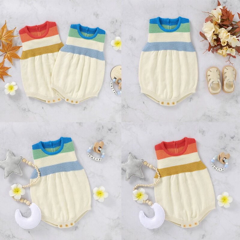 Newborn Infant Baby Romper Sleeveless Winter Girl Boy Knitted Warm Stripe Strap Bodysuit