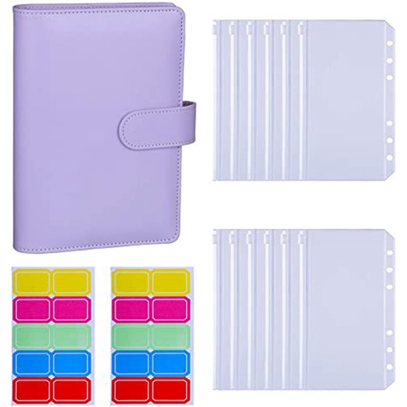 A6 Pu Bindmiddel Mouw Met 12 Pcs A6 Bindmiddel Tas 6 Gesp Cash Budget: Purple