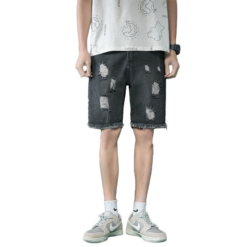 Jean déchiré noir à bords bruts pour homme, pantalon tendance à jambes droites, été, 40