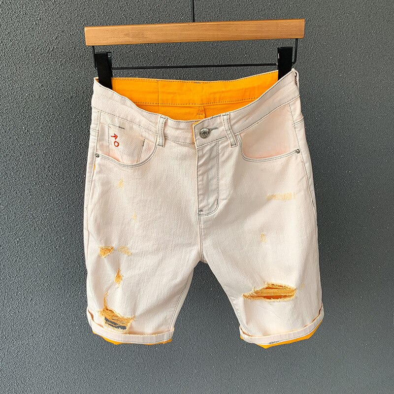 Men Color Khaki Orange Stretch Denim Shorts Summer Thin Ripped Biker Jeans Short Male Brand Clothes: 30