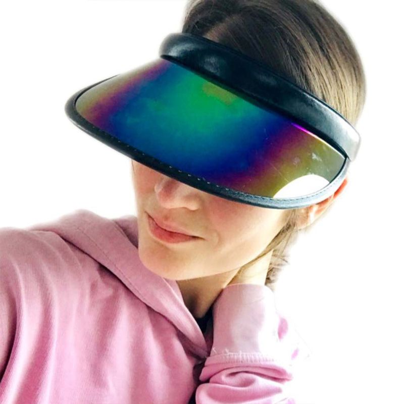 Women Men Hologram Rainbow Wide Brim Sun Visors Hat Topless Sunglasses UV Protection Plastic Panel Sportswear Clip-On Summer Cap