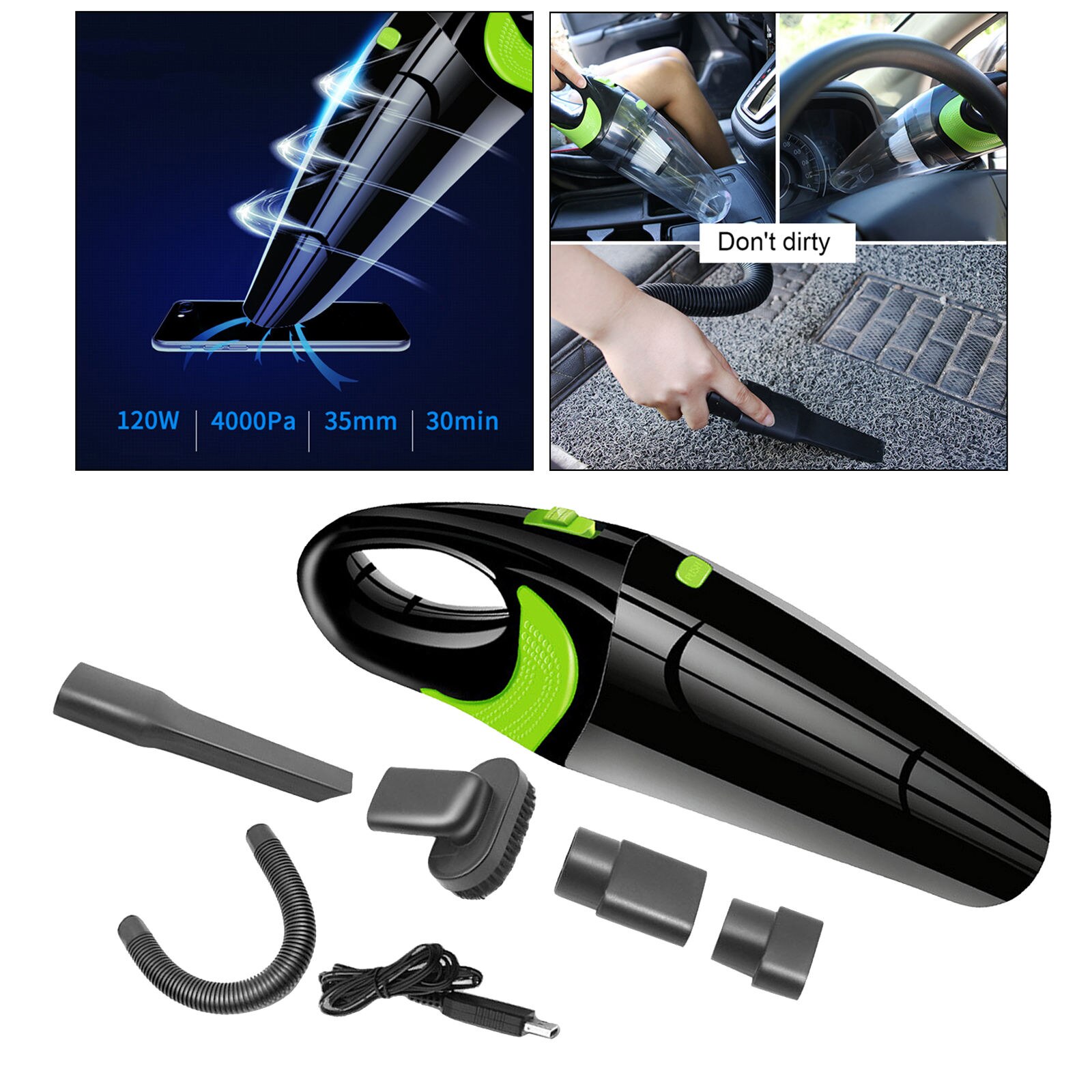 Handheld Car Vacuum Cleaner Wet/Dry Use for Car Auto Home Cleaning Kit: black green