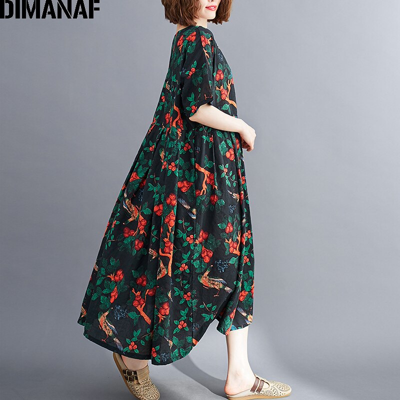 Dimanaf vestido plus size roupas femininas verão vestido de verão vintage impressão floral elegante senhora vestido solto plissado casual algodão 5xl