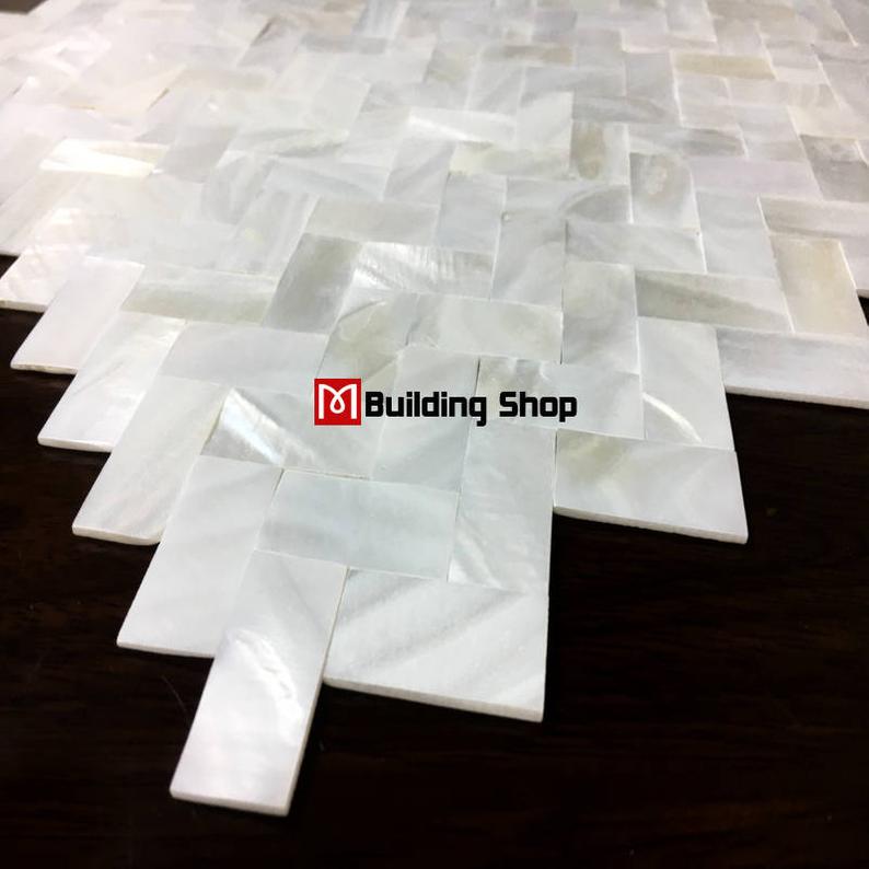 Herringbone Brick Groutless Mother Of Pearl Tile Backsplash Seashell Mosaic MOP124 White Shell Bathroom Wall Tiles