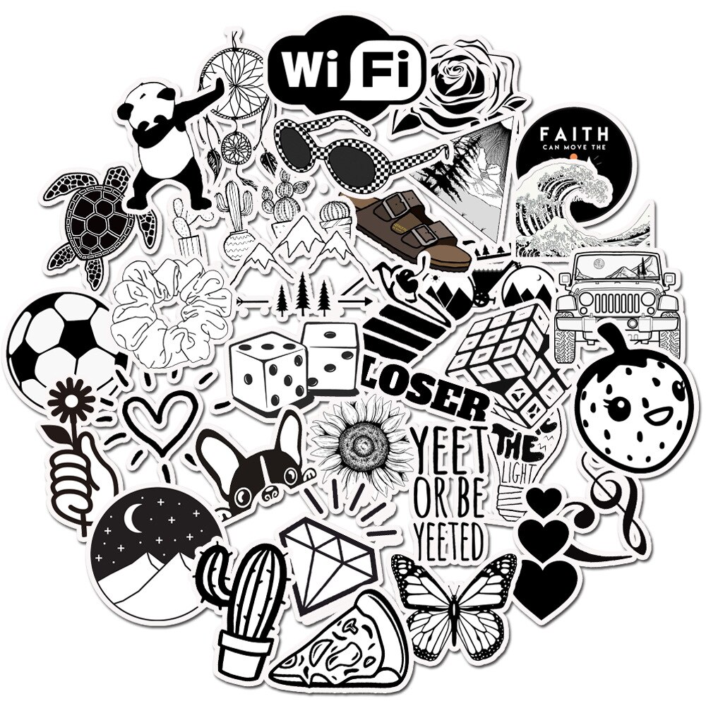 50pcs Black and White Cartoon Stickers Kids Luggage Notebook Laptop Sticker Skateboard Suitcase Decals For Computer Sticker