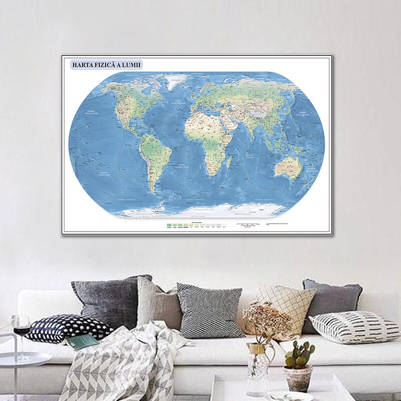 Romanian Geographic Map 225x150cm Non-woven Large Map of The World Canvas Painting Wall Art for Home Office Supplies