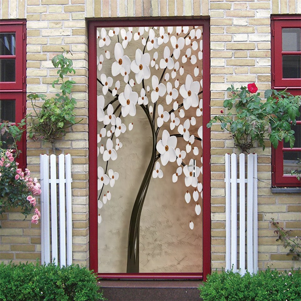 White Flower Door Sticker 3D Self-adhesive PVC DIY Wallpaper For Bedroom Home Art Decoration Door Renovation Poster Wall Decal