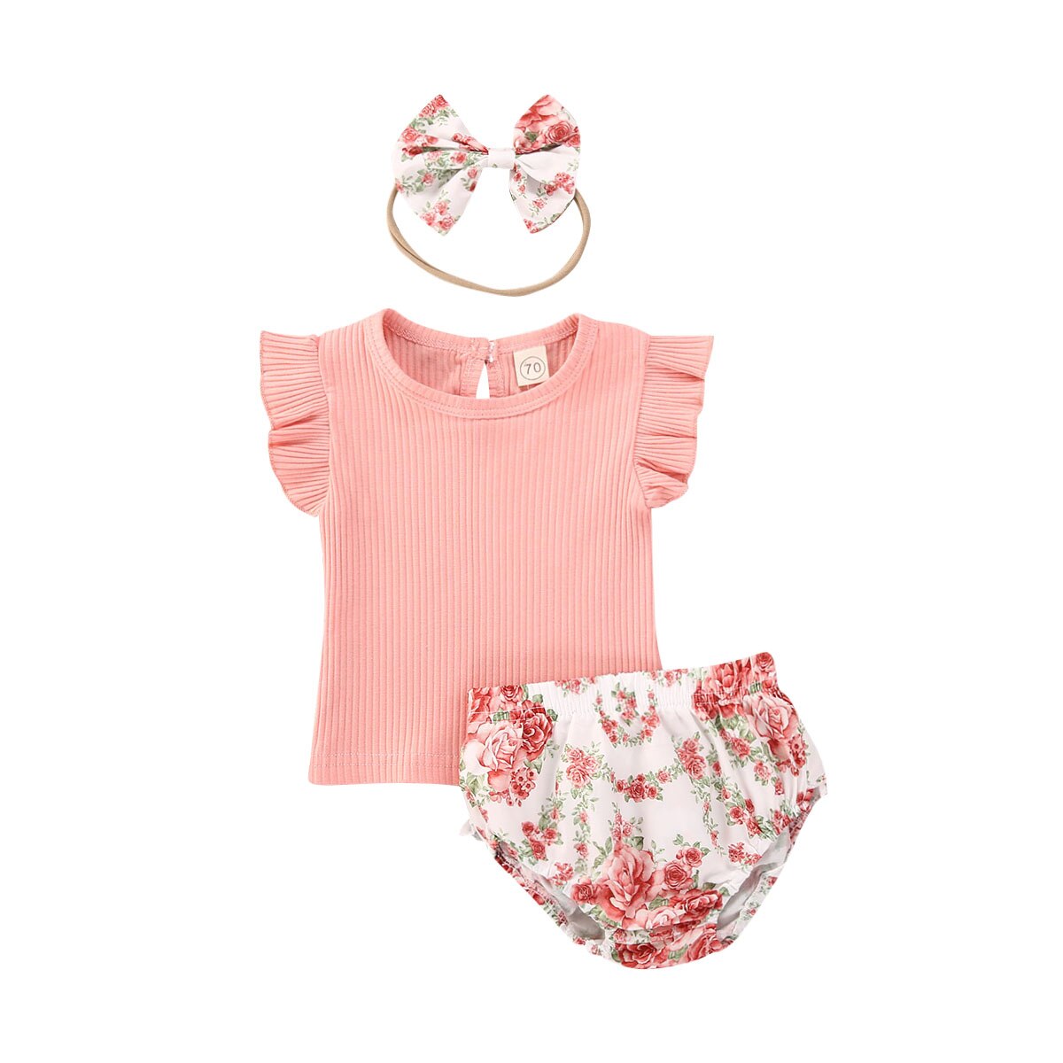 Schattige Baby Meisje Kleding Ruches Mouwloze Top + Bloemenprint Shorts + Hoofdband 3 Stuks Maat 0-24M