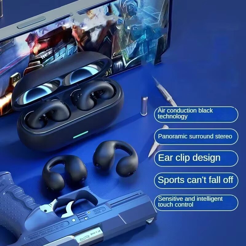 Bluetooth Headset 5.3 Wireless Bone Conduction Headphones Clip Ear Music Noise Canceling HD Call Sports Gaming Earphone