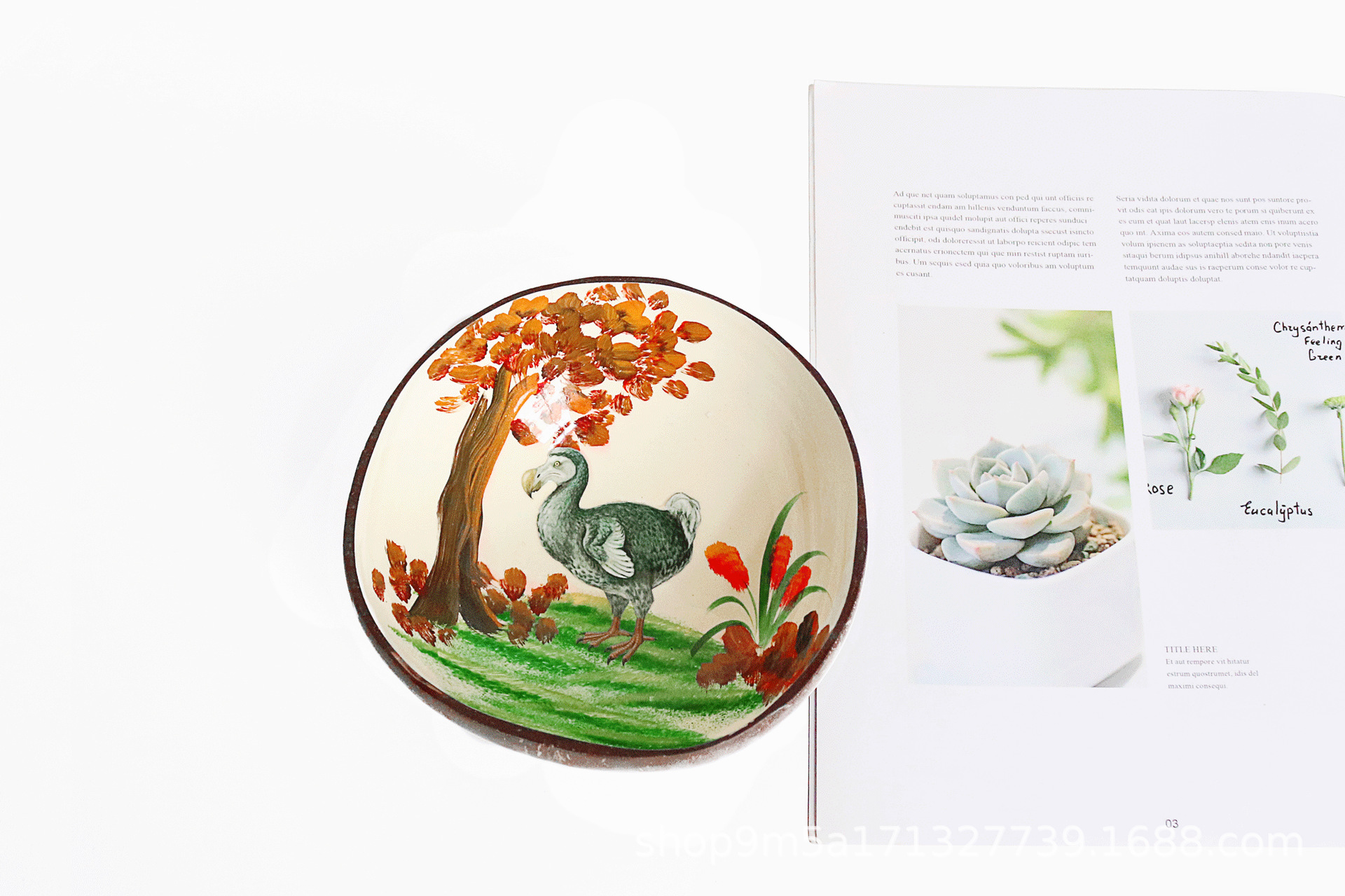 Glazed Scenery Bird Coconut Salad Bowl Wooden Painted Fruit Tableware Breakfast Yogurt Cup Handicraft Home Decor Lover's