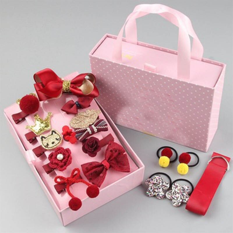 18pcs Children Hair Clip Girl Headwear Boxed Hairpin Hair Rope Accessories Hair Ring Circle Kid Lovely Rubber Band: red