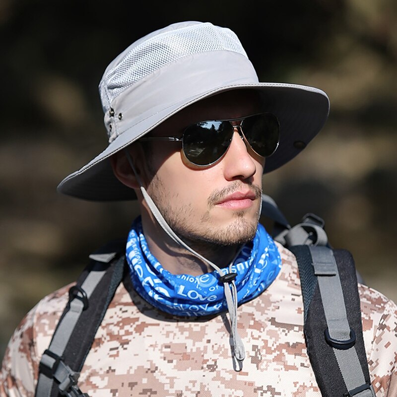 Balde chapéu de secagem rápida leve dobrável sombrinha ao ar livre pescador boné com queixo corda caqui