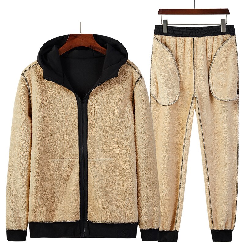 Winter dikke imitatiebont warme trainingspak heren hoodie trainingspak 2 -delige jas + broek heren set sportkleding trainingspak 4xl 5xl