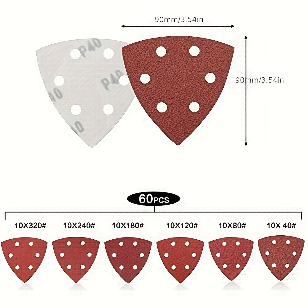 60 st premium triangulära slipplattor  - 6 hål , 40/80/120/180/240/320 kornstorlekar - slipmaskin sandpapper slippapper blandade slipplattor