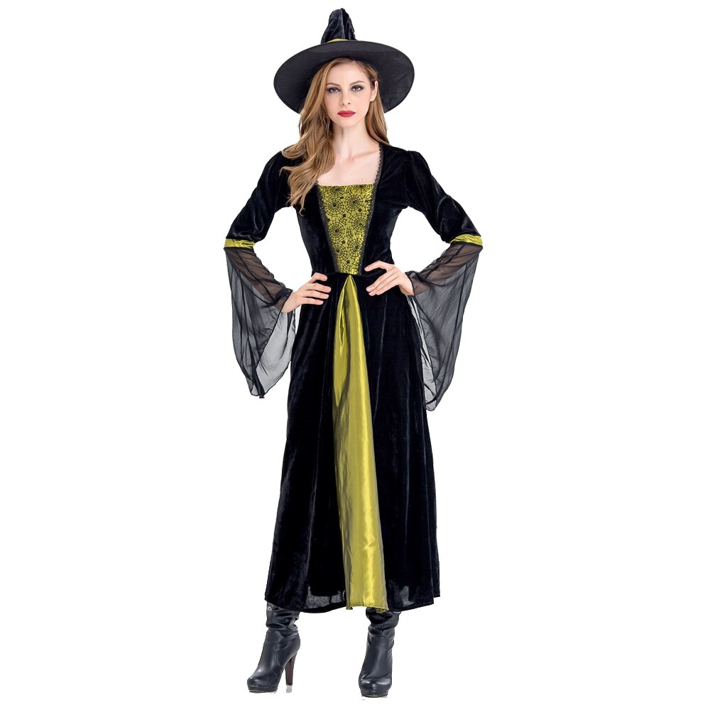Halloween Kostuums Heks Kostuum Voor Vrouwen Volwassen Adulto Fantasia Lange Jurk Hoed Cosplay Kleding Voor Vrouw
