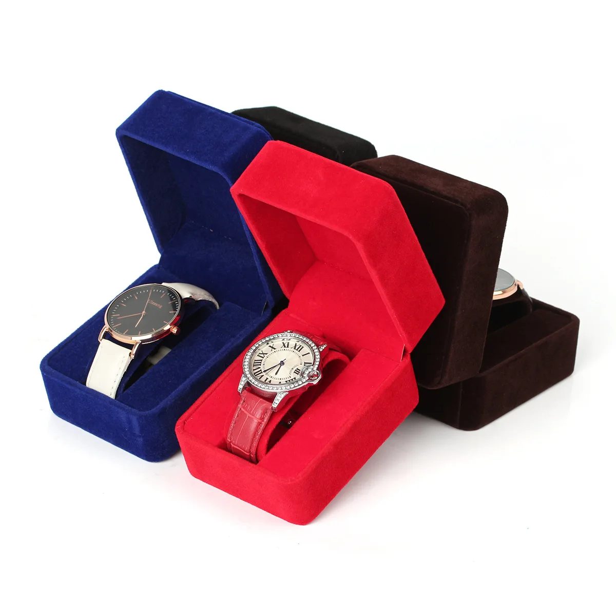 Boîte de montre velours coin rond Smartwatch horloge mallette de rangement bijoux accessoires affaires boîtes d'emballage noir rouge bleu