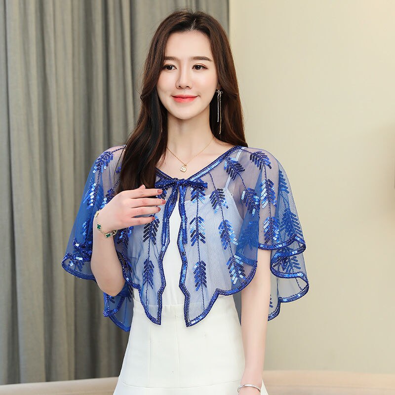 Vintage sequin sommer håndlavet hæklet blonder mesh skuldertræk bolero broderi cardigan feminino kort kappe overdimensionerede toppe kvinder kappe: Blå