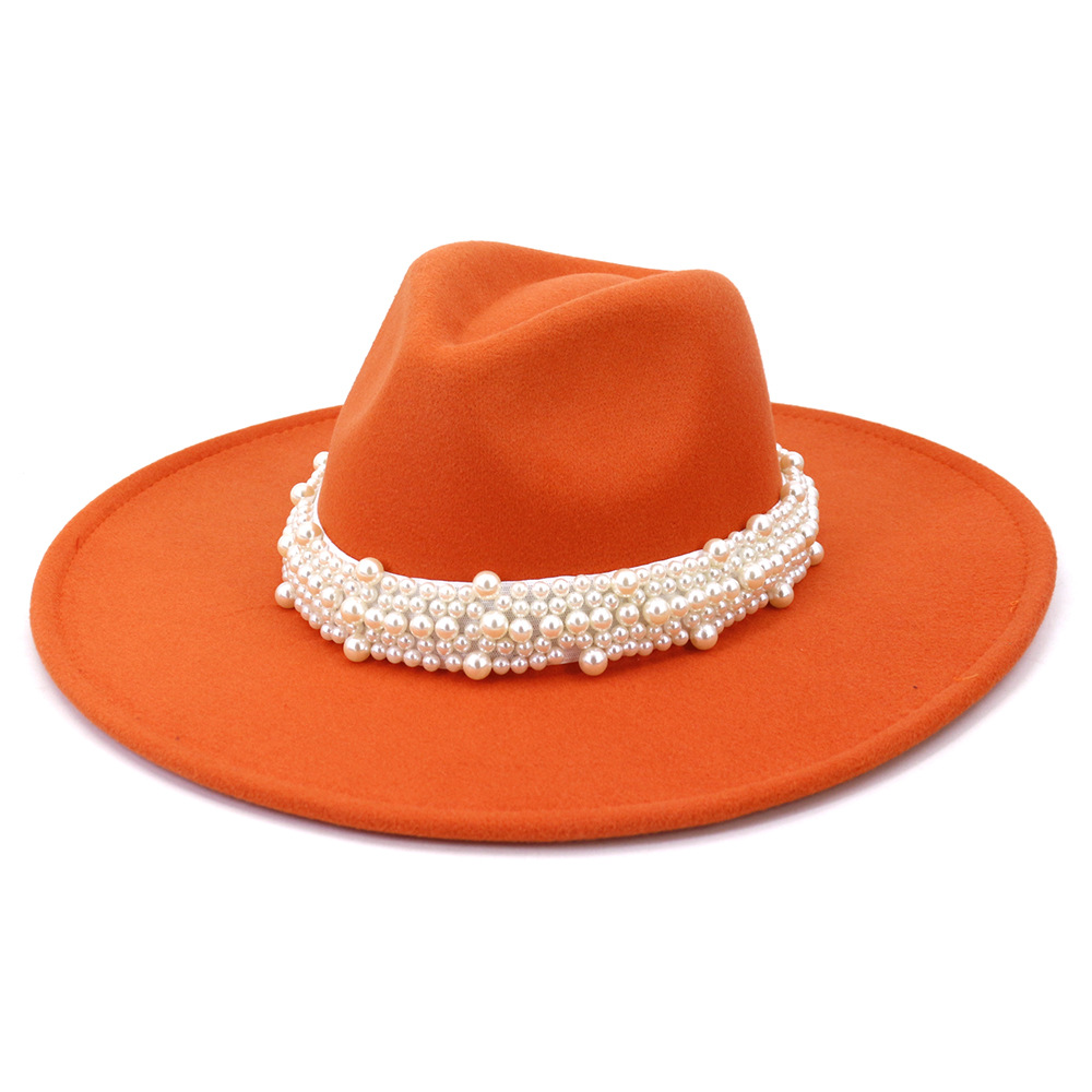 Chapeau en laine à large bord pour femme, chapeau avec chaîne de feuilles en métal, style Jazz, britannique, rétro, Fedora, à la , église, Panama, automne et hiver: Orange / M 56-58CM