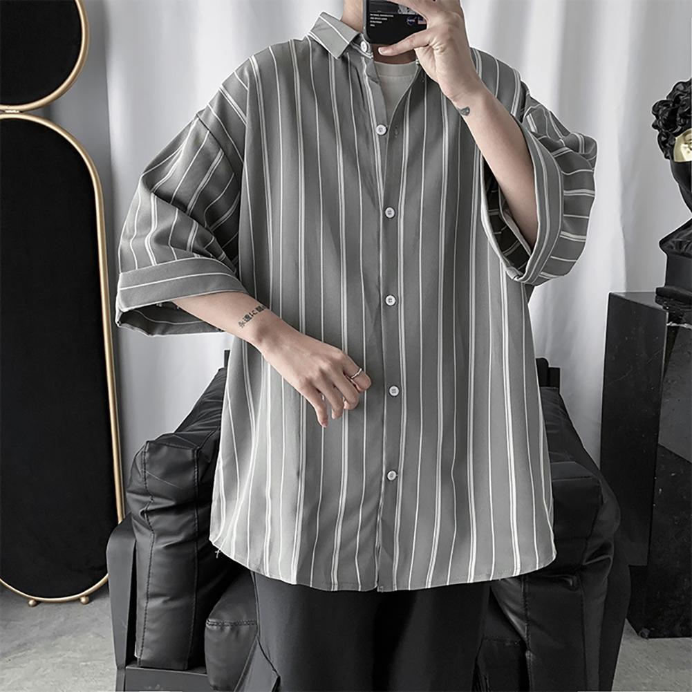 Striped Short Sleeves Turn-down Collar -Shoulder Men Loose Top Shirt Men's Clothing