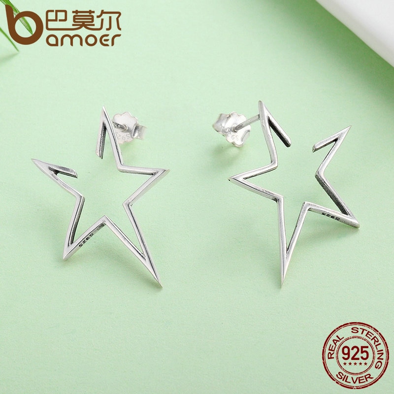 BAMOER Authentic 925 Sterling Silver Exquisite Star Stud Earrings for Women Hyperbole Fine Jewelry Bijoux SCE107