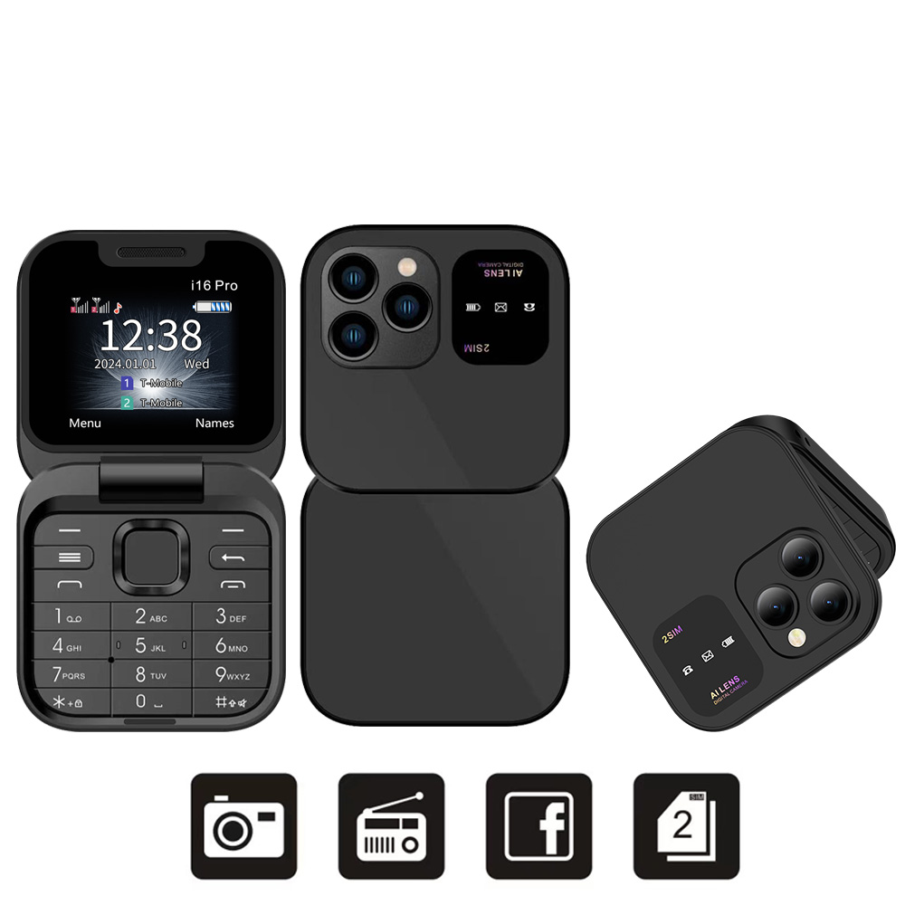 SERVO 2024 Neues Mini-kippen-praktisch FM-Radio Magie Stimme schwarze Liste Geschwindigkeit wählen Vibration 2 SIM-Karte Kleines Anzeige faltbares Telefon: schwarz