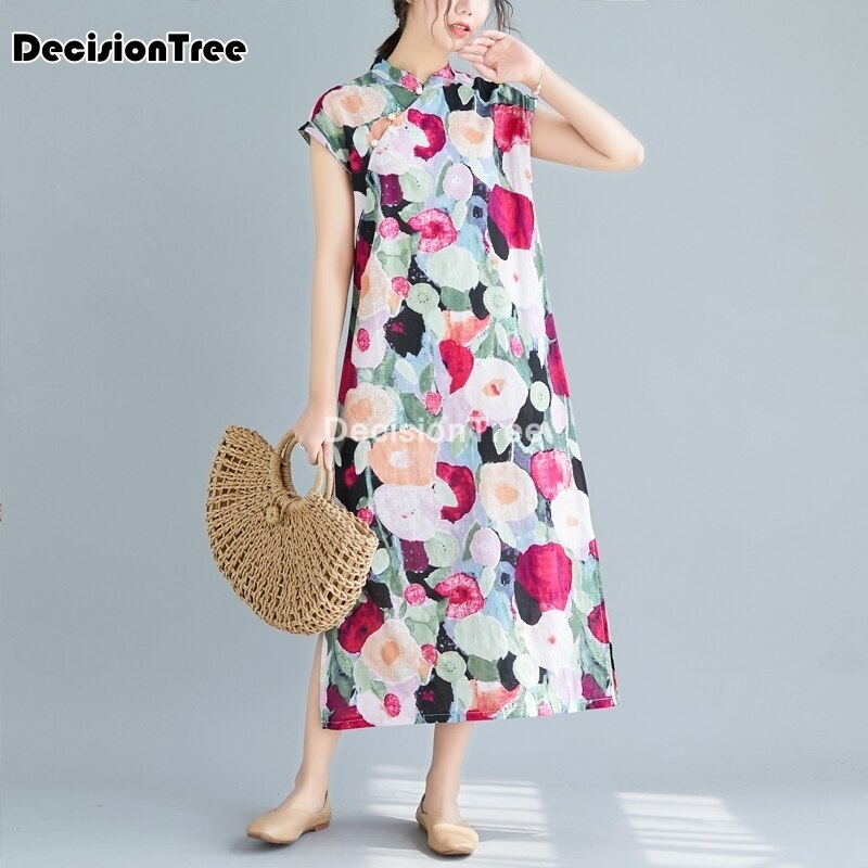 Chinese Jurk Cheongsam Qipao Moderne Cheongsam Jurk Korte Mouw Bloemenprint Qipao Robe Chinoise Vestido Oosterse Jurk