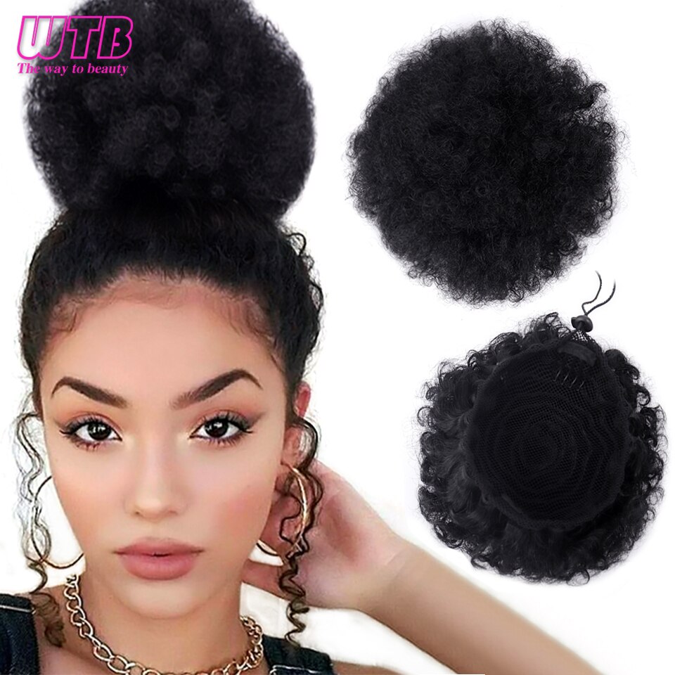 WTB Afro Puff Ponytail Elastic Drawstring Chignon Hairpieces for Women Short Kinky Curly Synthetic Updo Clip in Hair Extensions