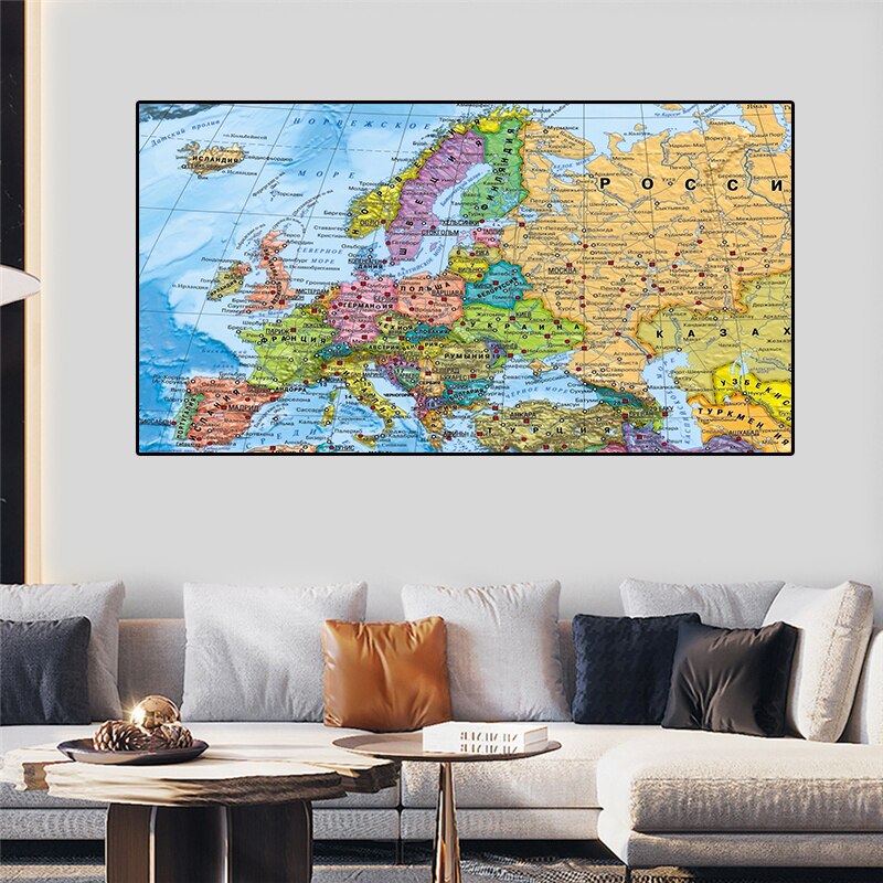 Cuadro de lienzo no tejido con mapa de Europa ruso para niños, Póster Artístico de pared, suministros de estudio, decoración del hogar para sala de estar, 150x100cm