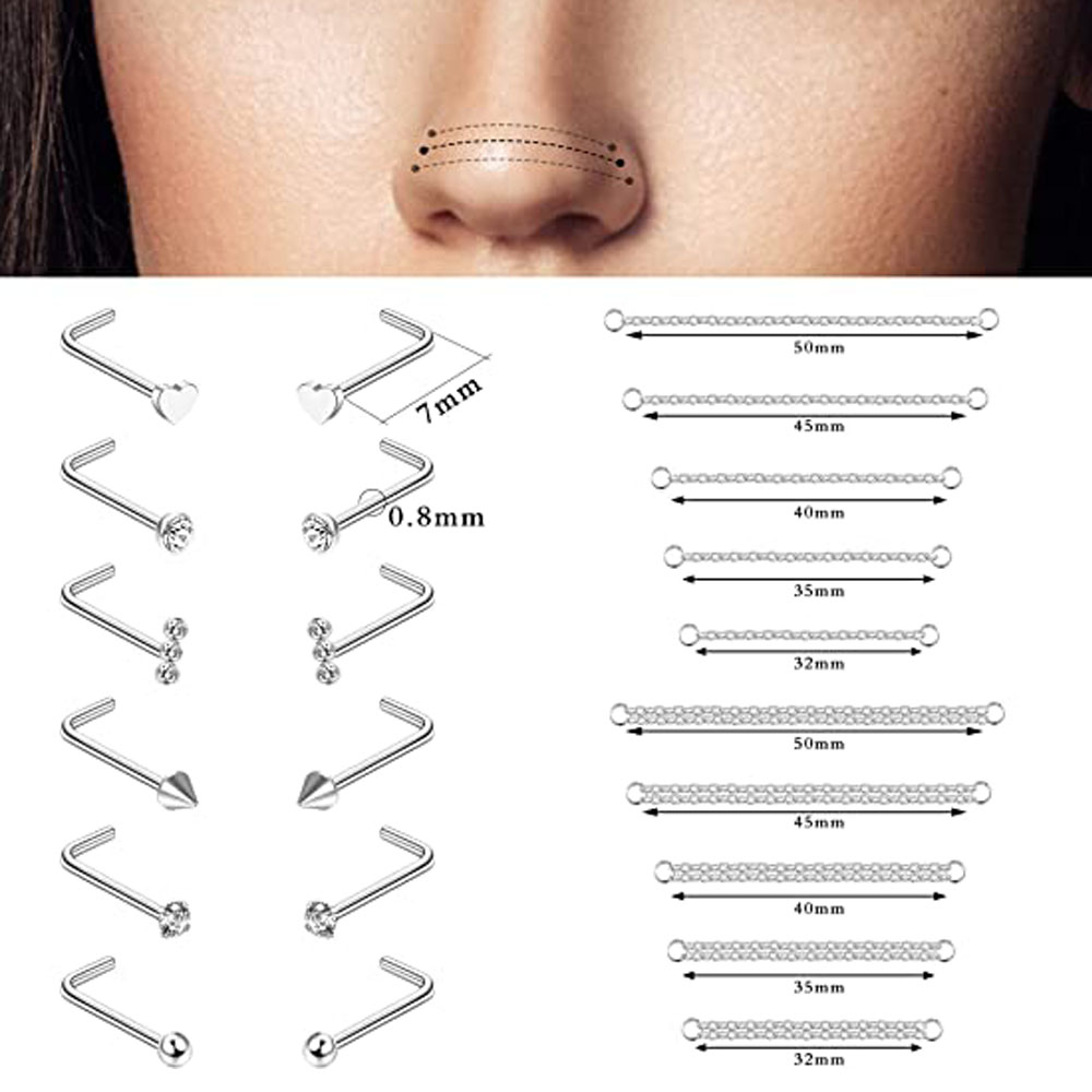 Anneaux de nez en chaîne pour femmes et hommes, Piercing, Double avec chaîne, clous, 20G