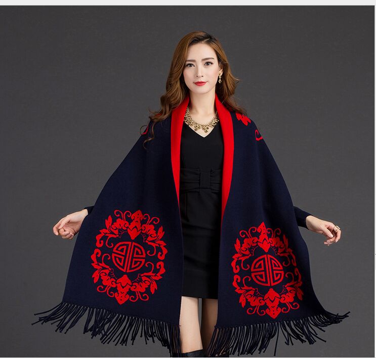 de para mujer Otoño Invierno Warmv patrón de flores Slit mezcla de lana a cuadros manta capa de Poncho abrigo chales con borlas bufanda: bluered