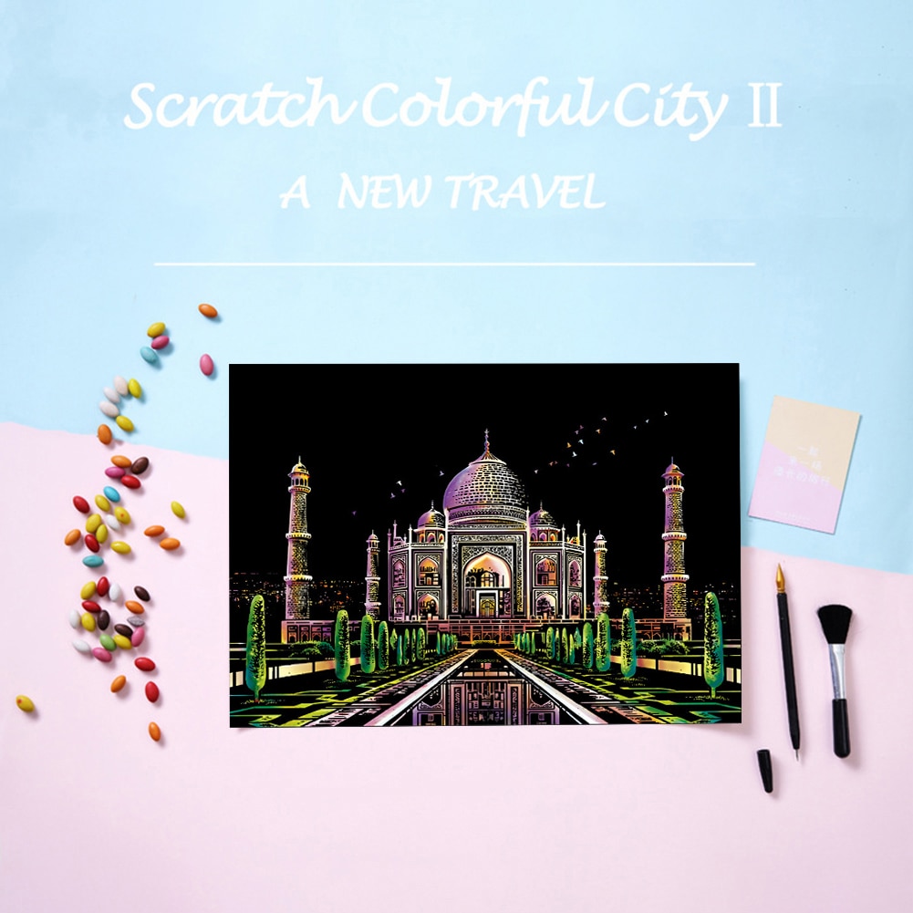 1 Set Taj Mahal Scraping Painting Drawing Paper Colorful Scratch Art Kids Adult Scratch Art Doodle Scraping Painting Puzzle