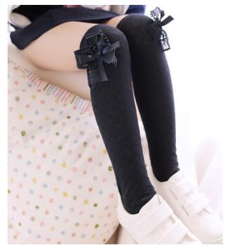 Chaussettes hautes en coton pour enfants, motif dessin animé, imprimé chat, renard: Black bow side