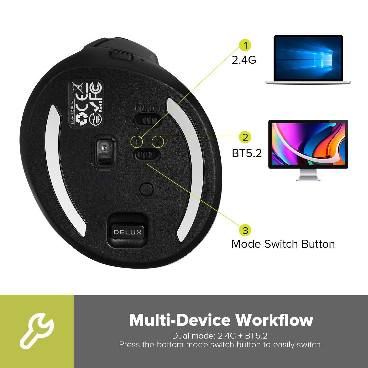 Delux M618 Mini Ergonomic Mouse Gaming Wireless Vertical Mouse Bluetooth 2.4GHz Rechargeable 4000dpi Silent Mice for Office