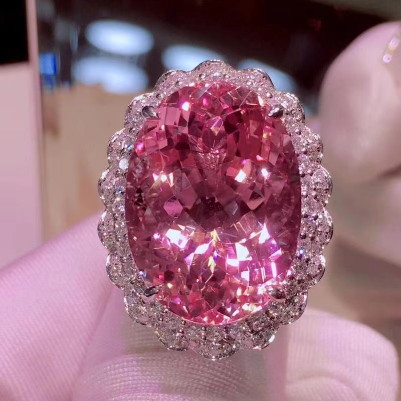 Anillos abiertos ovalados de lujo para mujer, incrustaciones de circonia cúbica rosa, Europa América, de boda, joyería de , delicada