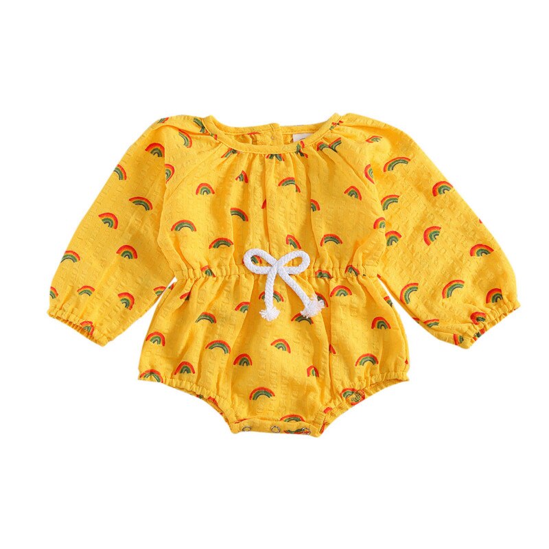 Focusnorm 0-18m schattige baby meisjes jongens bodysuits lange mouwen regenboog print katoenen jumpsuit eendelig 4 kleuren: Geel / 6m