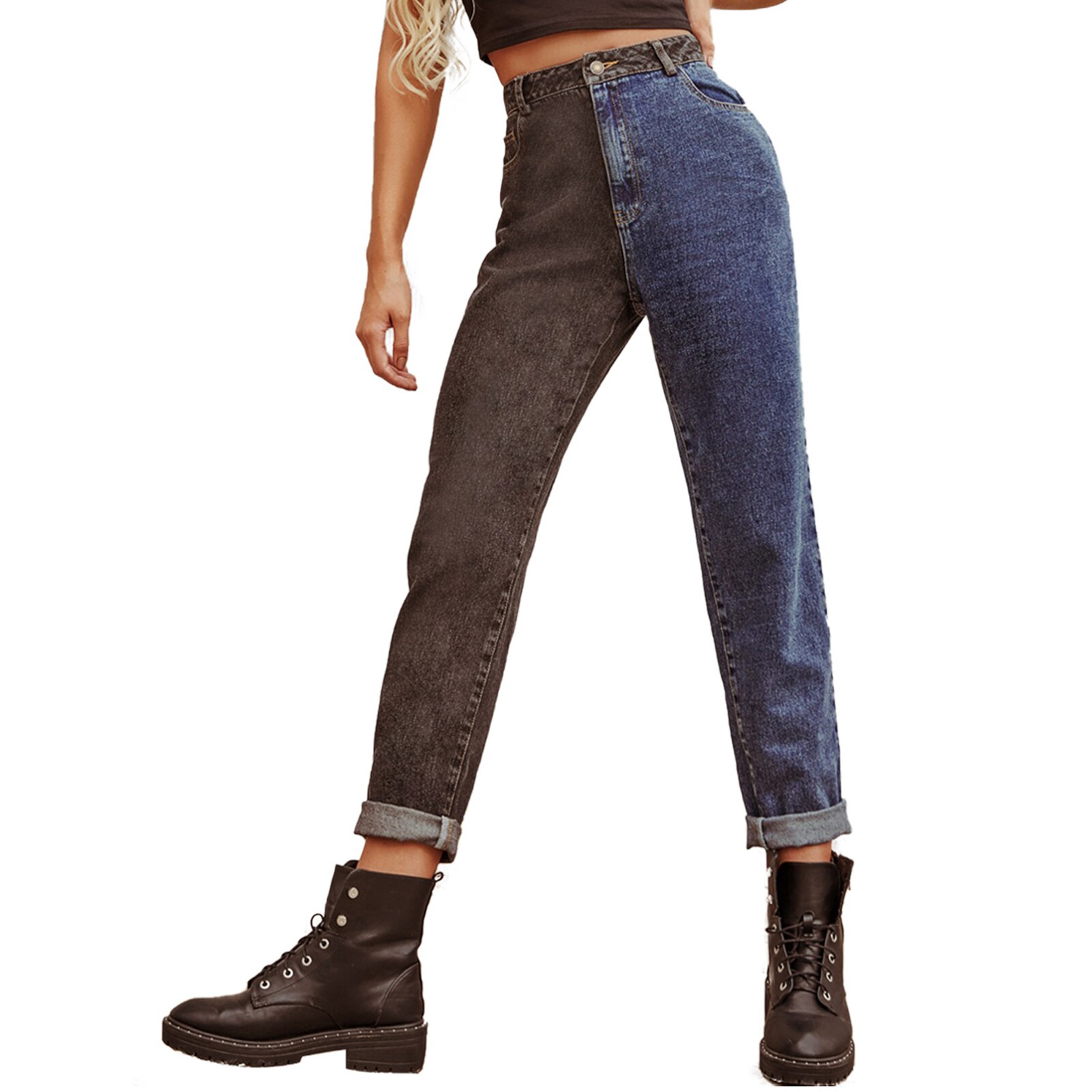 Jean Denim taille haute pour femmes, jean droit, deux tons, noir, bleu, décontracté,: XS