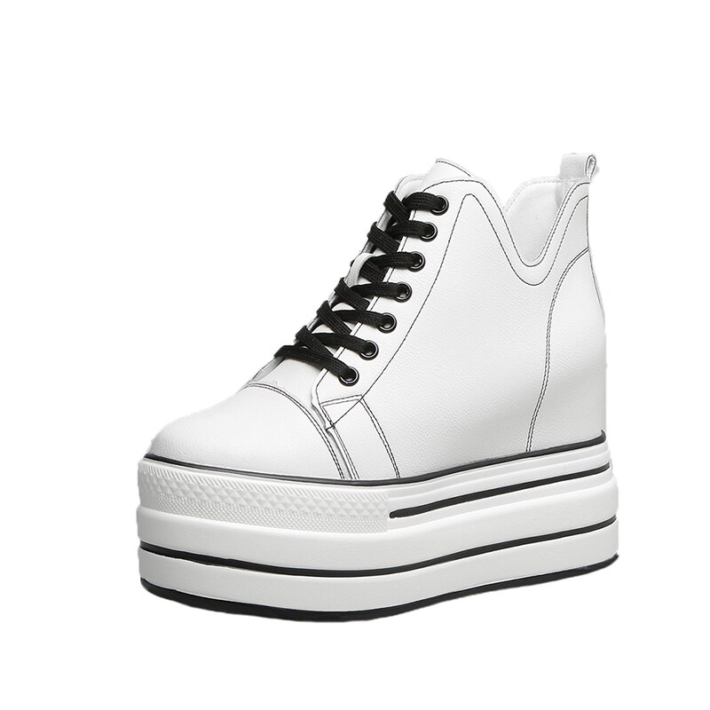 Herfst Hoge Platform Sneakers 9Cm Hoge Hakken Vrouwen Dikke Zool Enkellaarsjes Leather Wedge Winter Casual Schoenen Witte Laarzen maat 40: white / 37