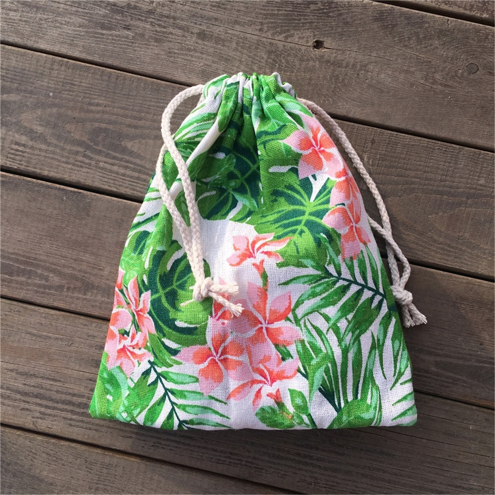 Yile 1pc katoenen linnen trekkoord tas feesttas print groen blad roze bloem  yl812b