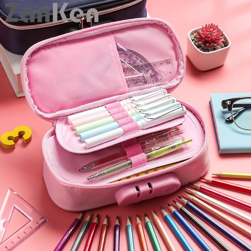 Zanken-estuche de lápices con contraseña para mujer, estuche de gran capacidad con dibujos animados, multifuncional para estudiantes, creatividad
