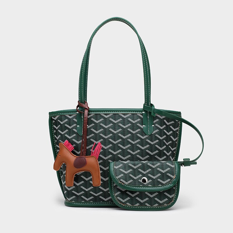 Style Korea Trendy Dog Tooth Tote Bag Size Picture-Mother Bag Waterproof PU Large-Capacity Shopping Bag: Small green