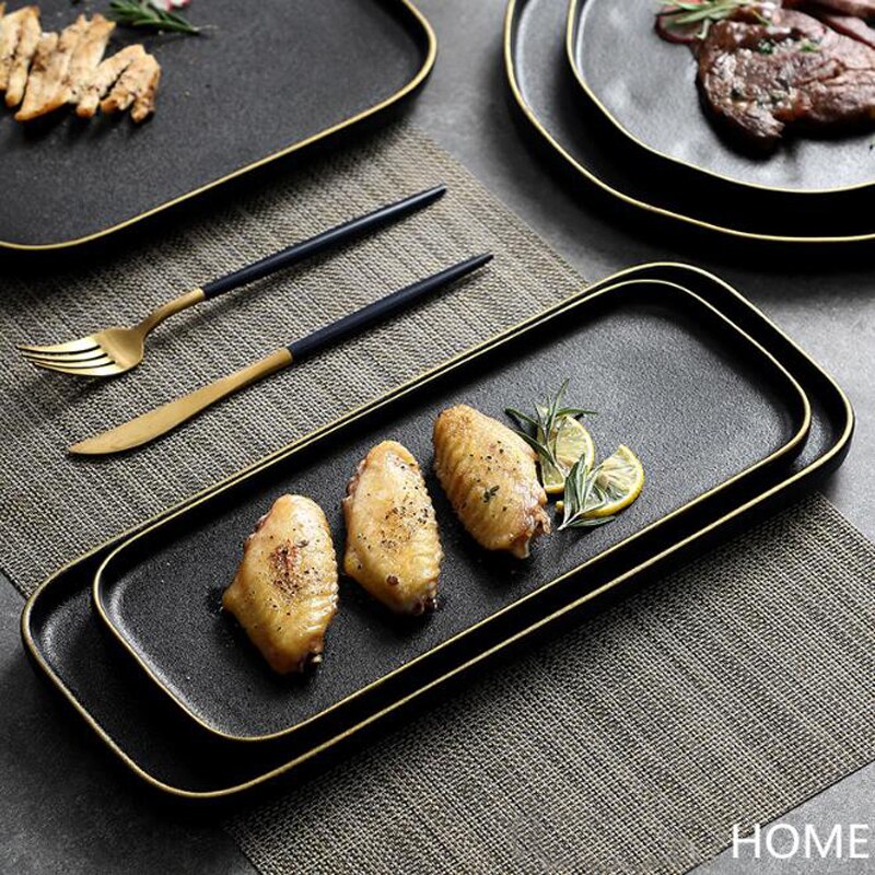 Nordic Golden Edge Plate Tray Ceramic Home Round Western Steak Dish Dessert Plate Frosted Disc Square Kitchen Cutlery Tray