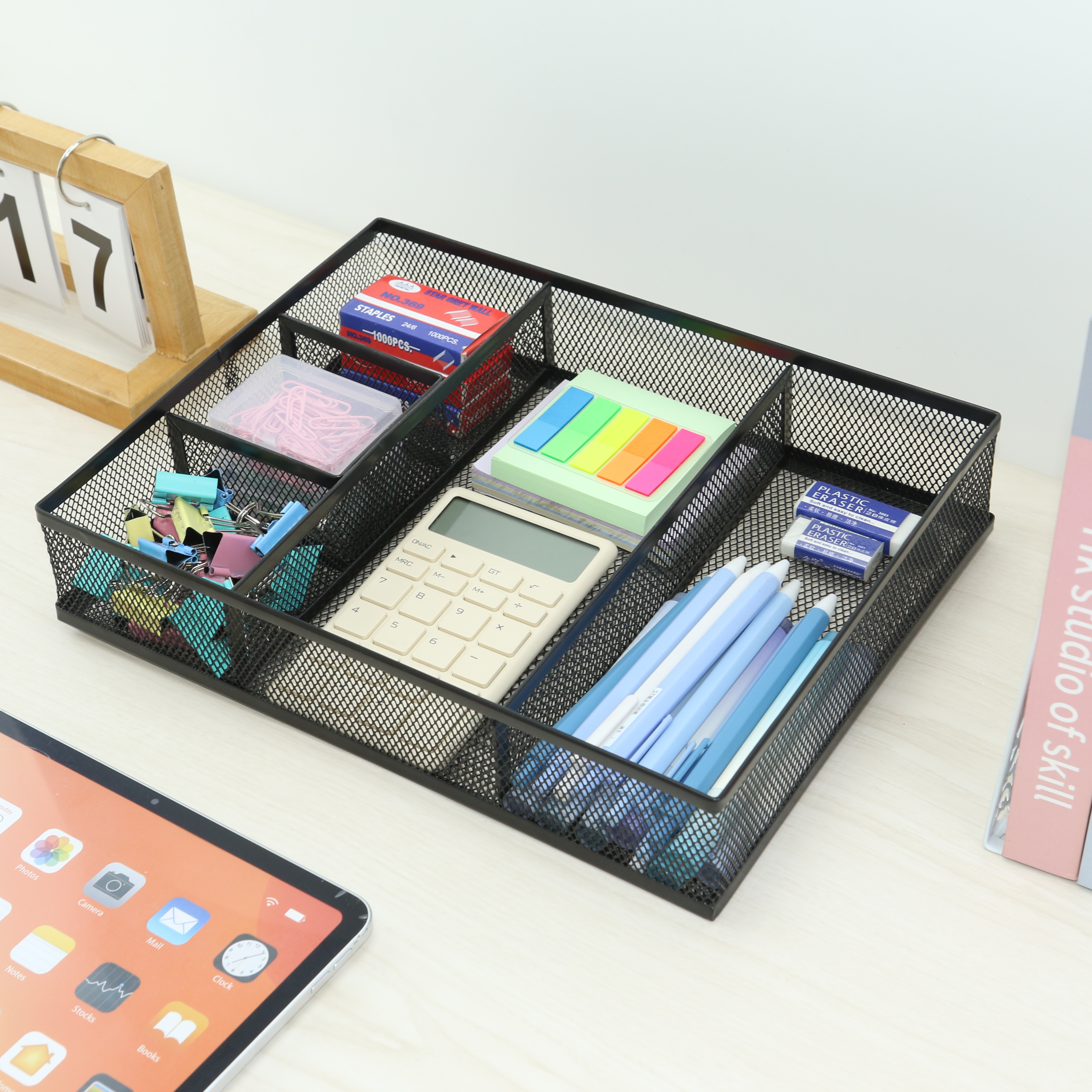 Metal Mesh Desk Organizer, Office Drawer Divider Organizer Tray with 5 Compartments, Accessories for Stationery Makeup Kitchen