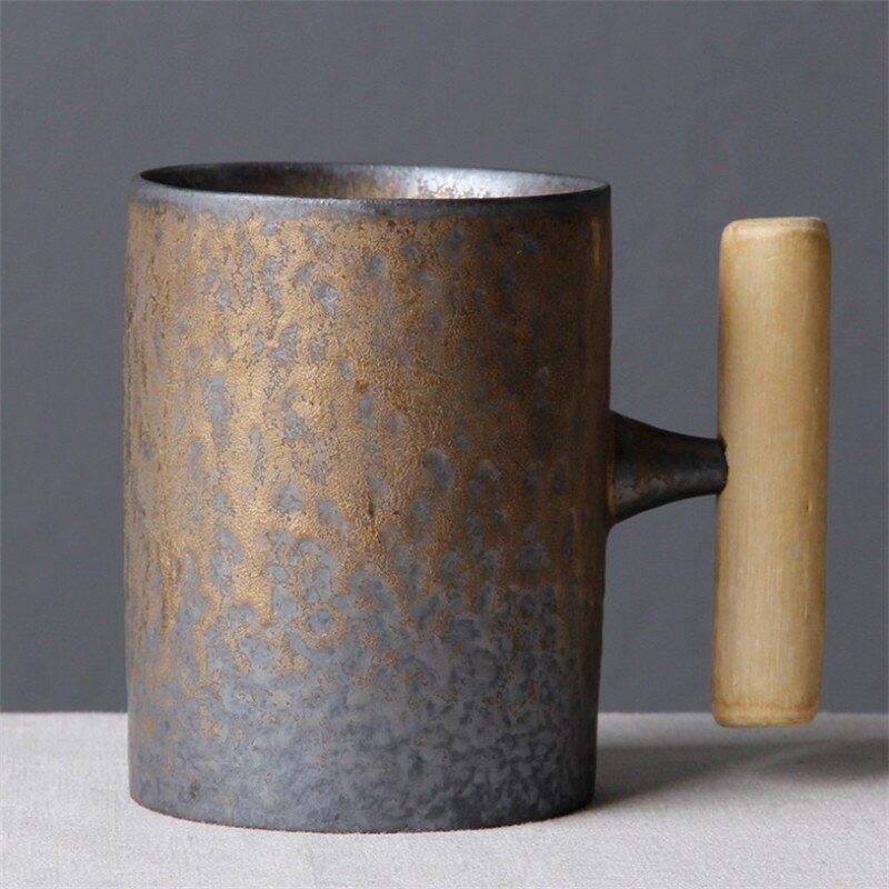 Japansk stil vintage keramisk kaffemugg tumlare rostglasyr te mjölk ölmugg med trähandtag vattenkopp hemmakontor drinkware: Rosa