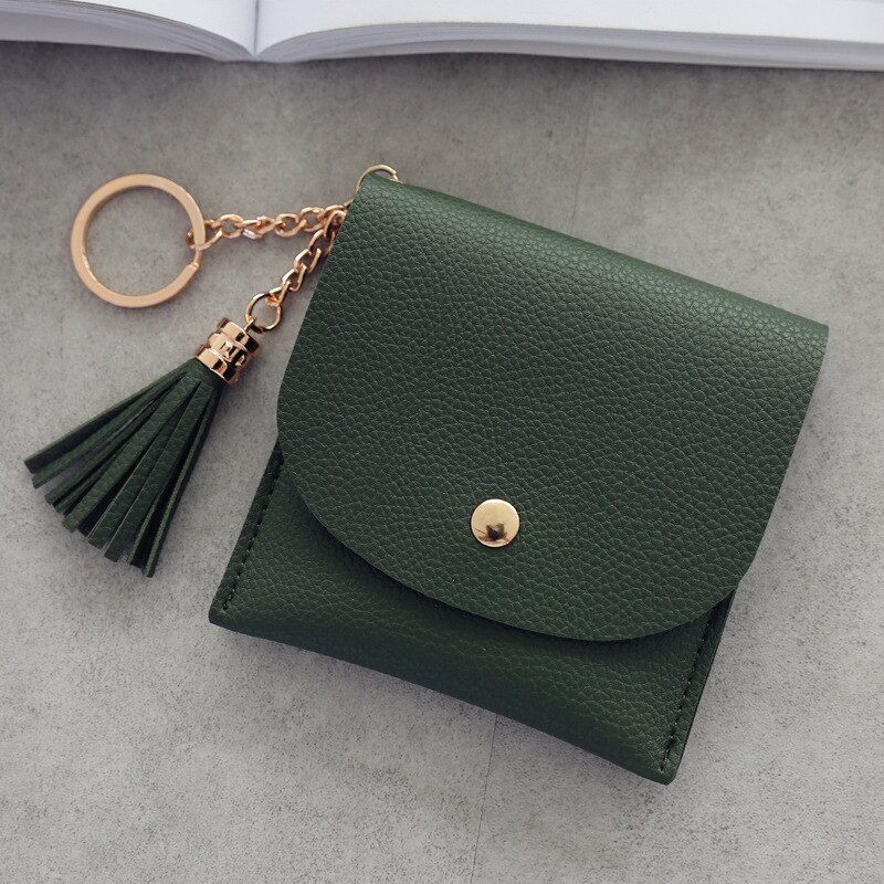 Student Dunne Portefeuilles Vrouwen Portemonnee Dames Pu Lederen Tassel & Metalen Ring Clutch Sleutelhanger Dunne Sleutel Tas Kaarthouders mini Pouch: Dark Green