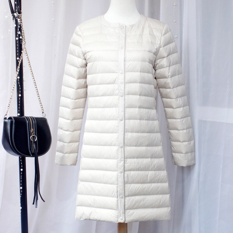 Schinteon dam dunjacka ultralätt vit ankdun lång kappa slimmad o-ringad varm innerbottenplagg: Beige / Xxxl
