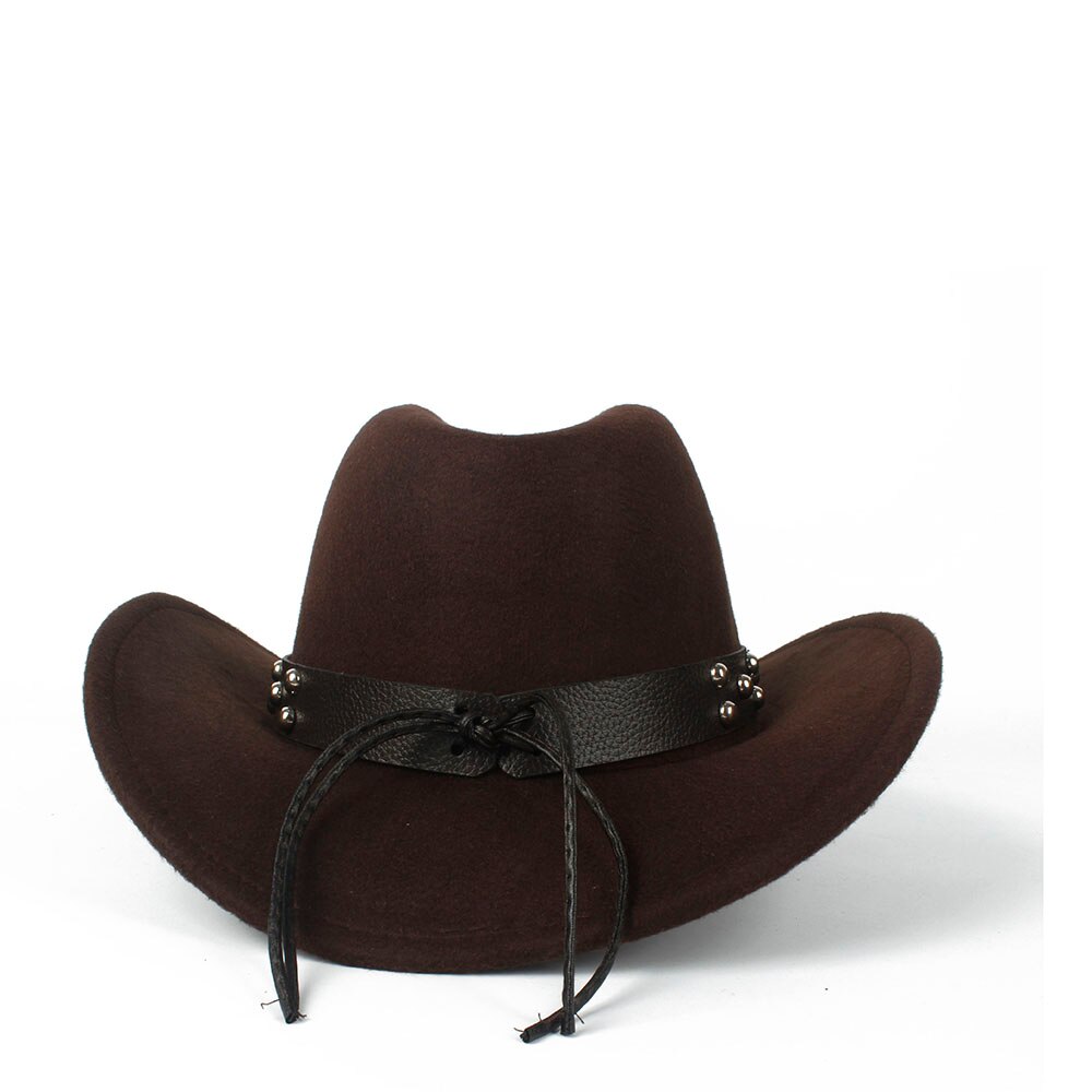 Women Men Wool Hollow Western Cowboy Hat With Tauren Belt Outback Jazz Toca Sombrero Cap Size 56-58CM