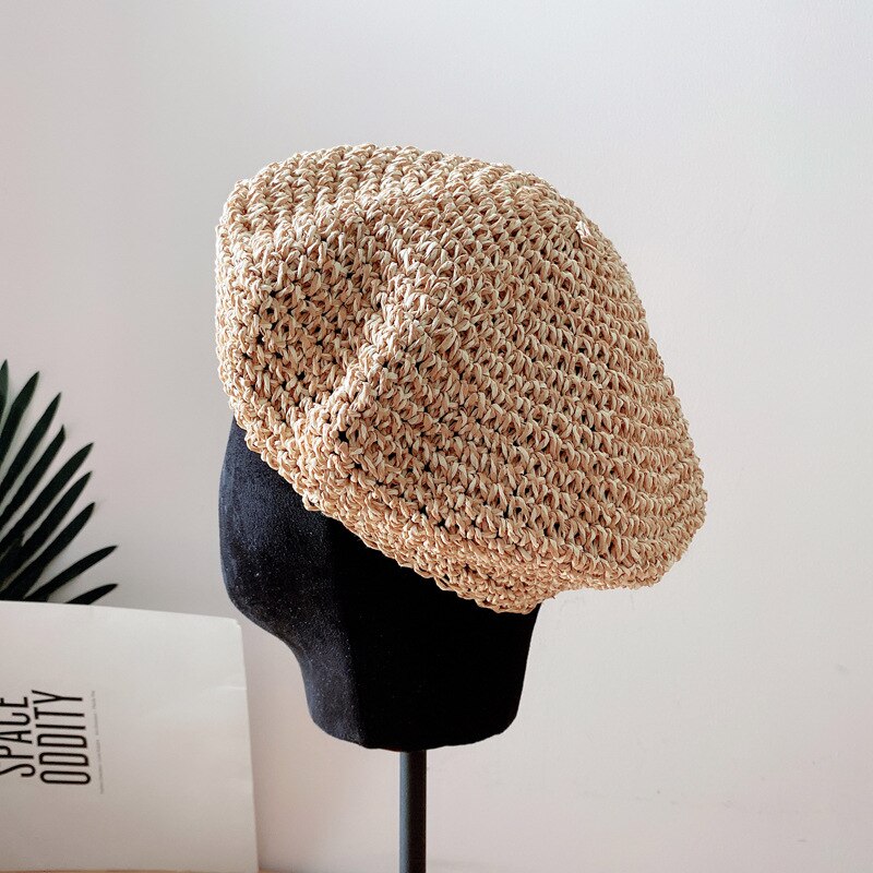 Japanse Zachte Handgemaakte Gras Gehaakte Baret Hoed Vrouwelijke Gemengde Kleur Wilde Schilder Hoed Eenvoudige Mode Achthoekige Hoed: Khaki