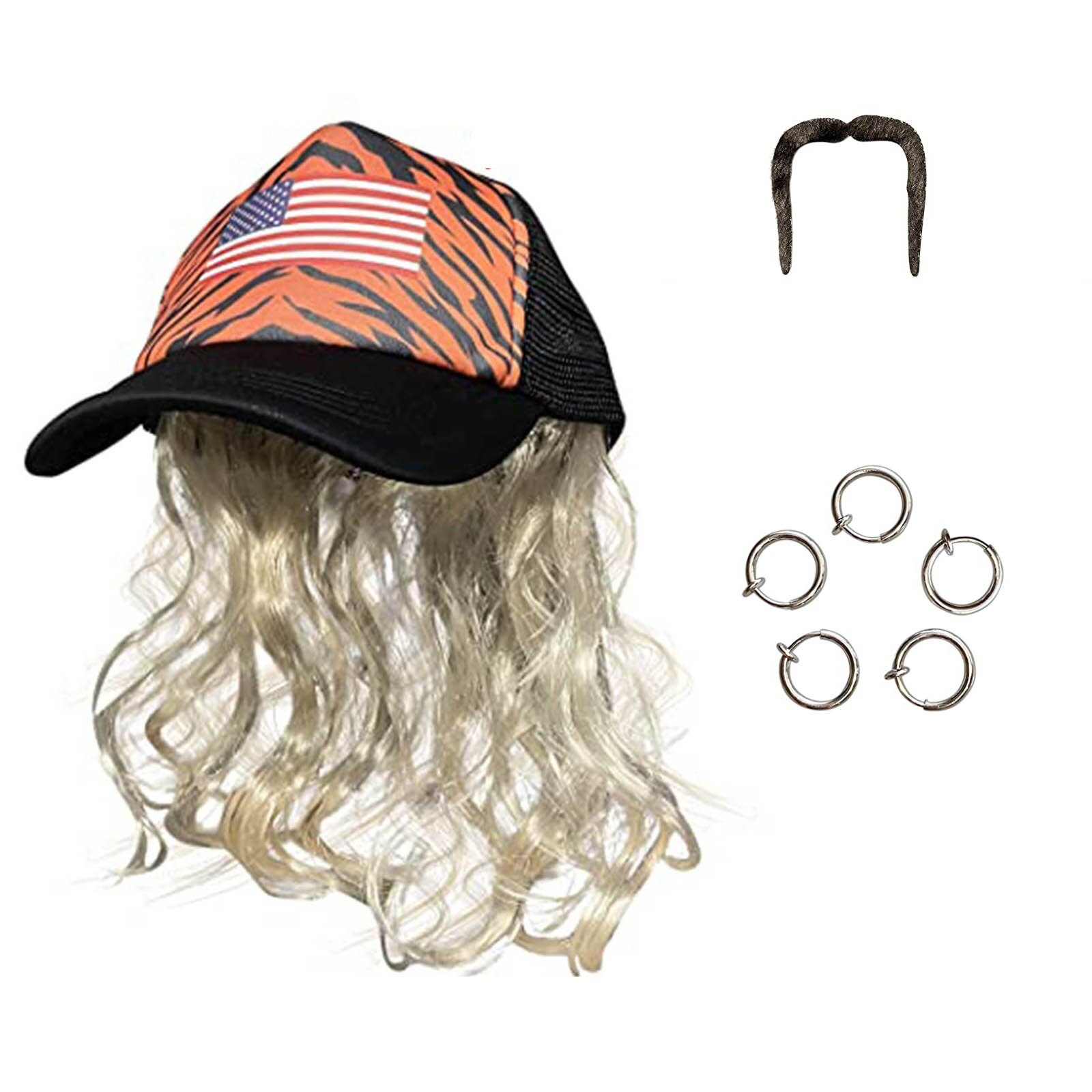 Sombrero con peluca + pendientes + barba + set y , peluca rubia con sombrero, pendientes de clip y barba, 1 unidad