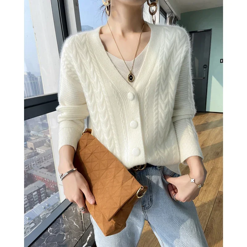 Camisola de lã de alta qualidade cardigan feminino grosso macio quente superior tecelagem flores malha roupas femininas soltas casuais roupas de inverno